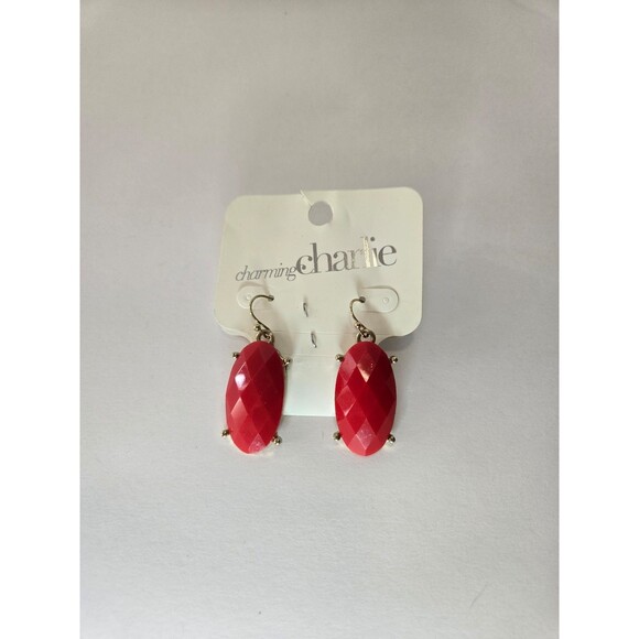Charming Charlie's Gold Tone Dangle Earrings Red Faceted Cabachon - Picture 1 of 6
